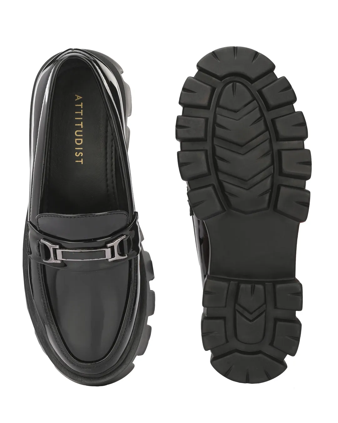 Attitudist Unisex Black Super Glossy Horsbit High Heel Slip-On Shoes