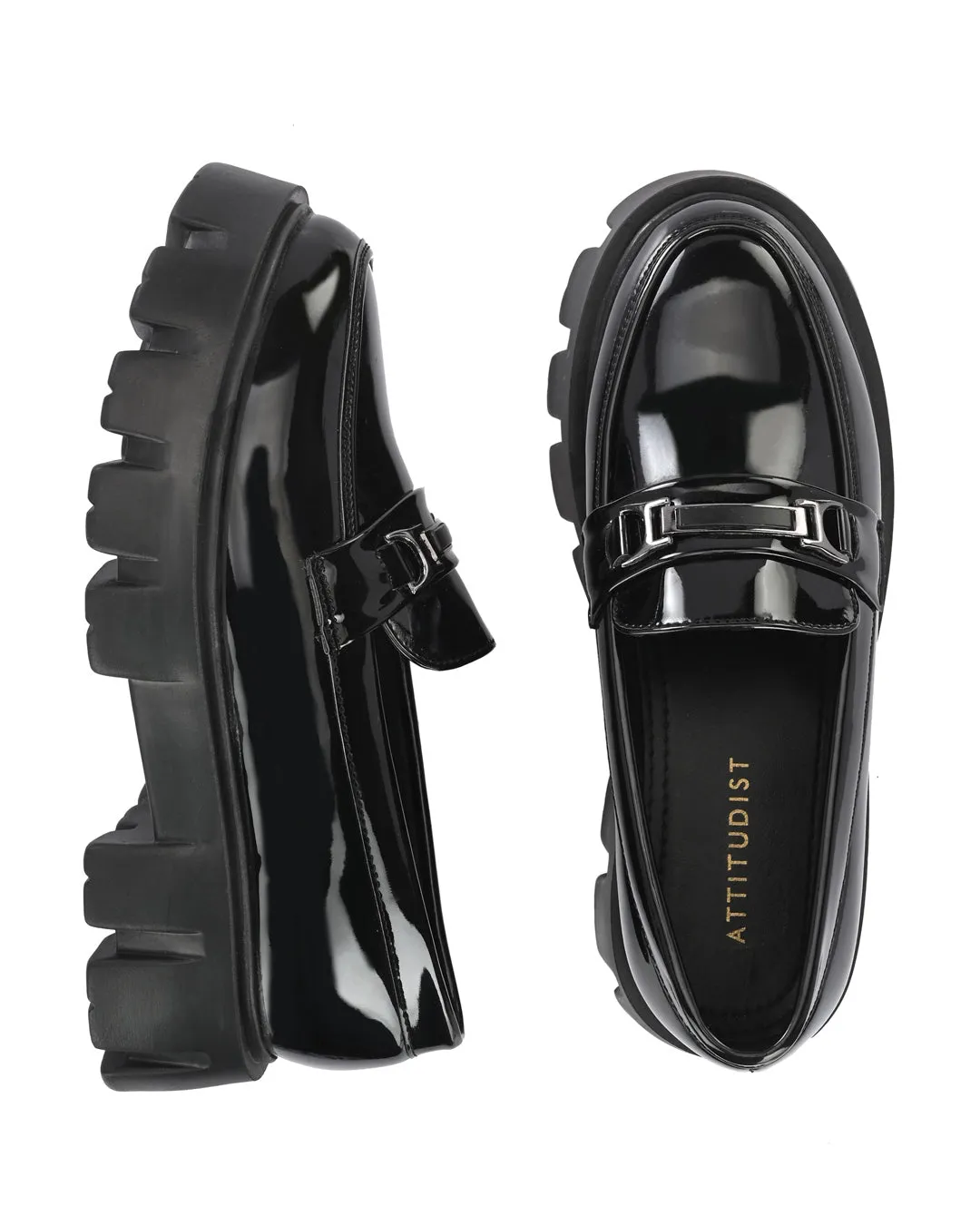 Attitudist Unisex Black Super Glossy Horsbit High Heel Slip-On Shoes