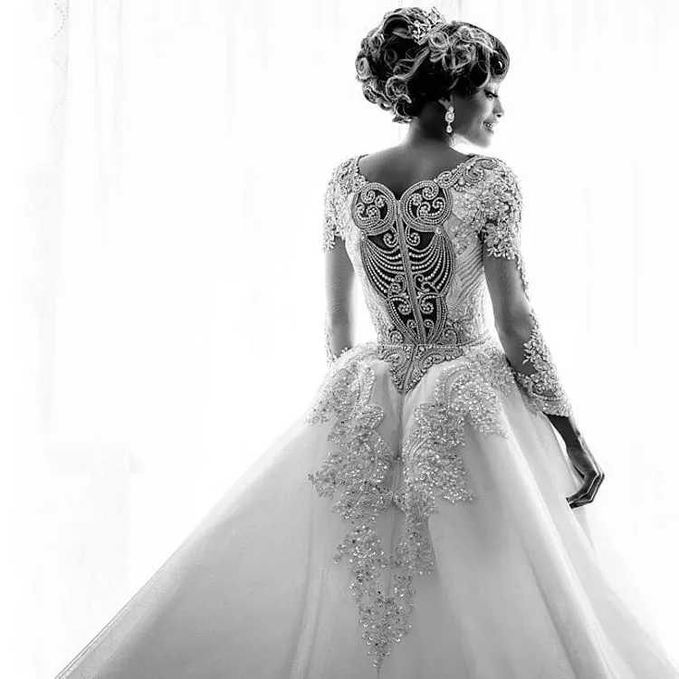 Gorgeous Long Sleeve Crystal Wedding Dresses | Mermaid Overskirt Lace Bridal Gowns BC0543