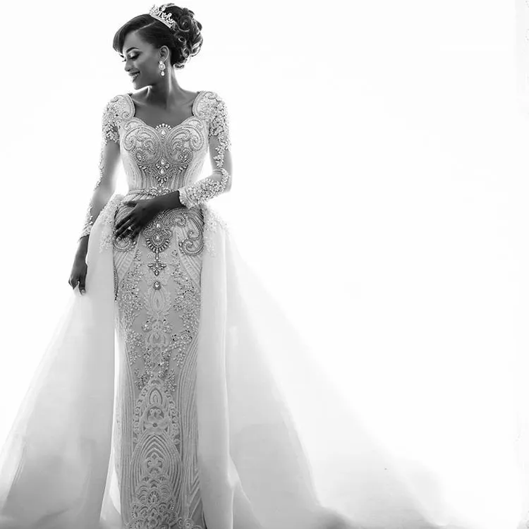 Gorgeous Long Sleeve Crystal Wedding Dresses | Mermaid Overskirt Lace Bridal Gowns BC0543
