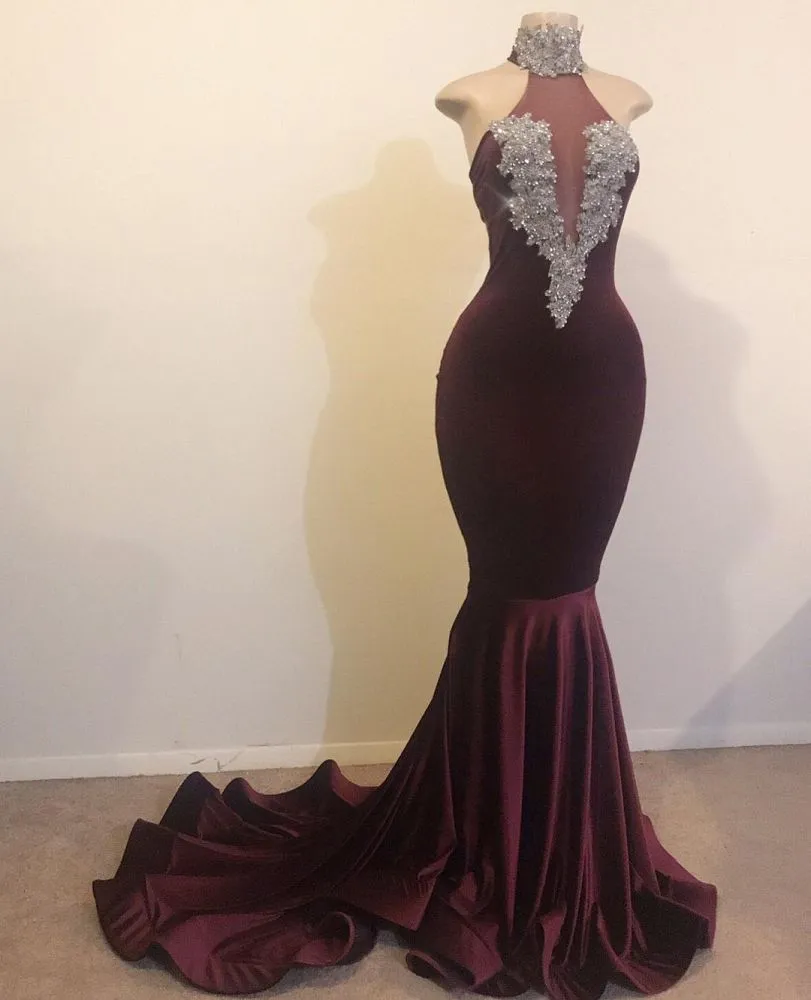 kamahe Mermaid Open Back Chic High Neck Silver Beads Appliques Prom Party Gowns