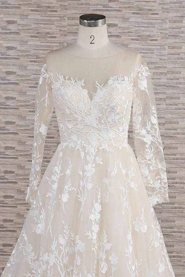 Long A-line Sweetheart Applqiues Tulle Wedding Dress with Sleeves