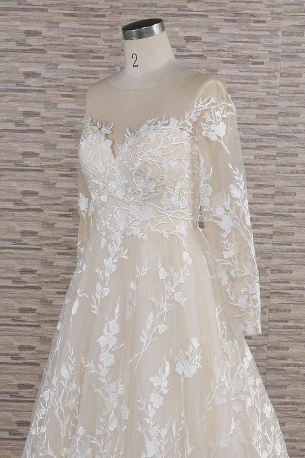 Long A-line Sweetheart Applqiues Tulle Wedding Dress with Sleeves