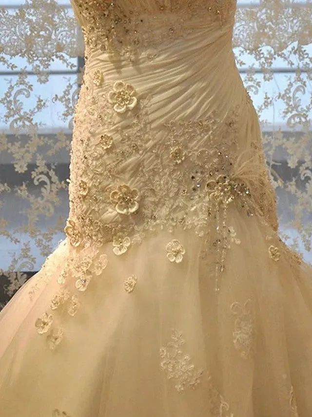Long Mermaid Strapless Court Train Lace Organza Wedding Dresses