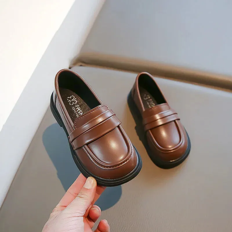 New 2024 Spring Autumn PU Leather Shoes Boys Girls Britain Style Black Brown Performance Shoes Children Slip-on Casual Loafers