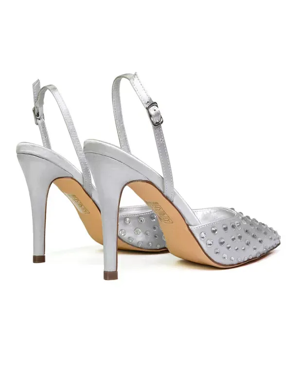 Shelly Strappy Slingback Pointed Toe Diamante Stiletto Bridal Heels in Silver
