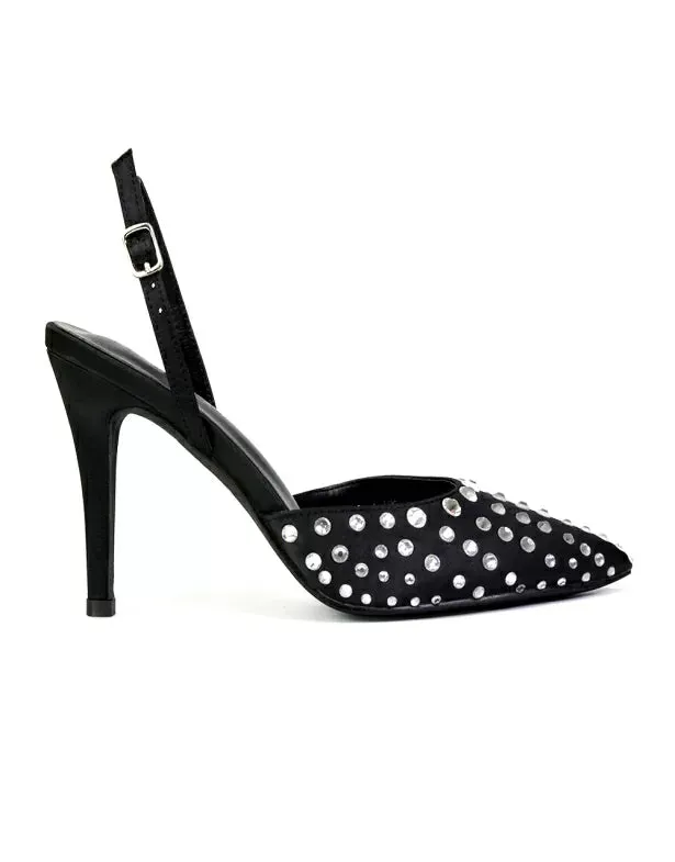 Shelly Strappy Slingback Pointed Toe Diamante Stiletto Bridal Heels in Silver