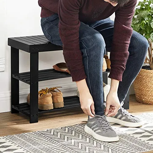 SONGMICS Shoe Rack Bench, 3-Tier Bamboo Shoe Organizer, Storage Shelf Holds Up to 264 lb, Ideal for Entryway Bathroom Living Corridor, Black ULBS04H
