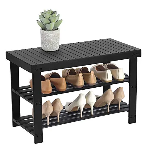 SONGMICS Shoe Rack Bench, 3-Tier Bamboo Shoe Organizer, Storage Shelf Holds Up to 264 lb, Ideal for Entryway Bathroom Living Corridor, Black ULBS04H