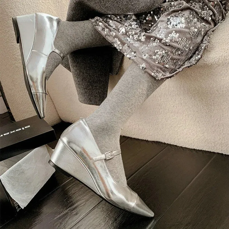 TAVIMART  -  Women Wedge Mid-heel Cowhide Leather Pumps French Vintage Silver Pointed High Heels Mary Jane Shoes