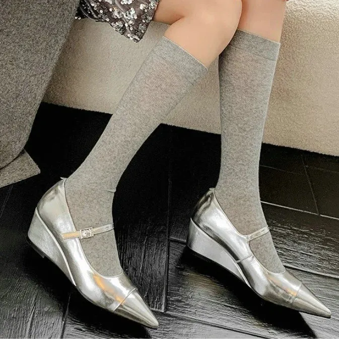 TAVIMART  -  Women Wedge Mid-heel Cowhide Leather Pumps French Vintage Silver Pointed High Heels Mary Jane Shoes