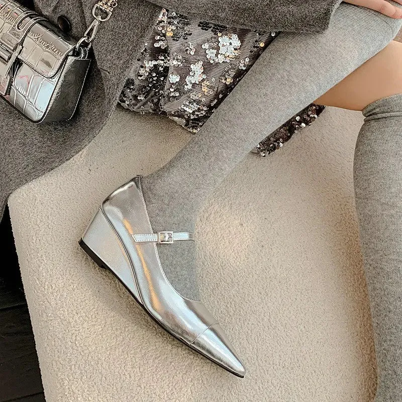 TAVIMART  -  Women Wedge Mid-heel Cowhide Leather Pumps French Vintage Silver Pointed High Heels Mary Jane Shoes