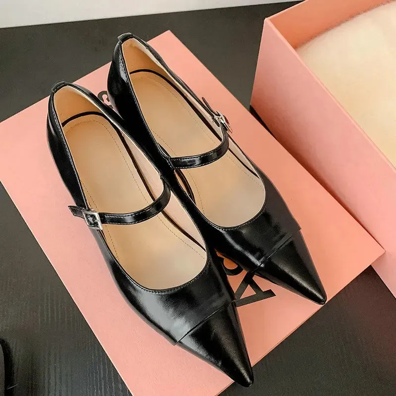 TAVIMART  -  Women Wedge Mid-heel Cowhide Leather Pumps French Vintage Silver Pointed High Heels Mary Jane Shoes