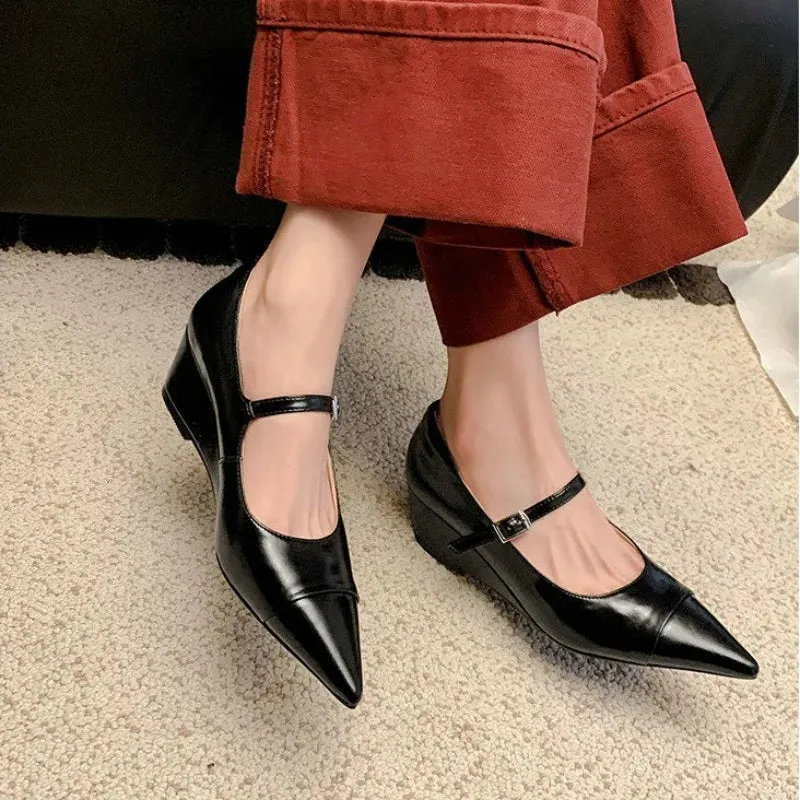TAVIMART  -  Women Wedge Mid-heel Cowhide Leather Pumps French Vintage Silver Pointed High Heels Mary Jane Shoes
