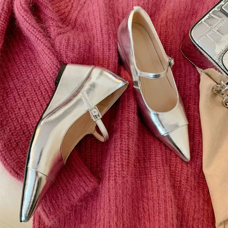 TAVIMART  -  Women Wedge Mid-heel Cowhide Leather Pumps French Vintage Silver Pointed High Heels Mary Jane Shoes